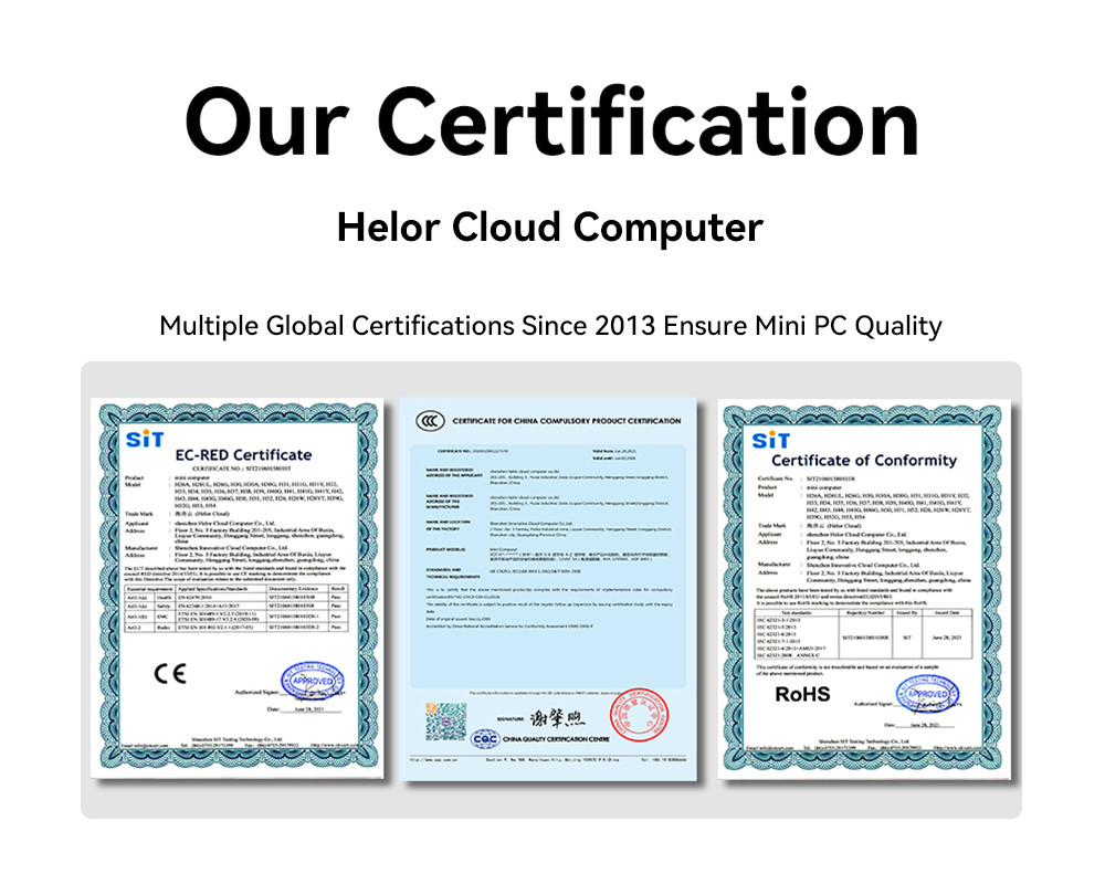 Últimos blogs de la empresa sobre Computación en la nube de Helor: Certificaciones globales múltiples desde 2013 Garantizan la calidad de las mini PC
